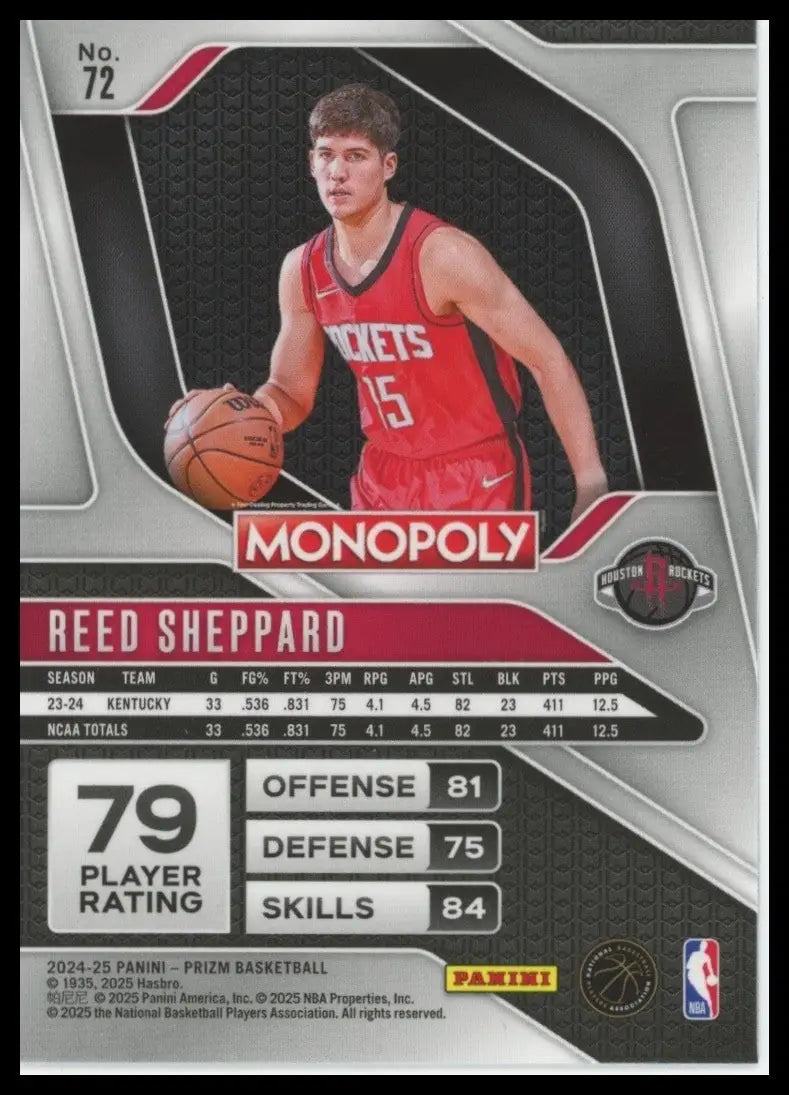 2024-25 Panini Prizm Monopoly Reed Sheppard Rookie #72 Houston Rockets Card NBA - Basketball Card Single