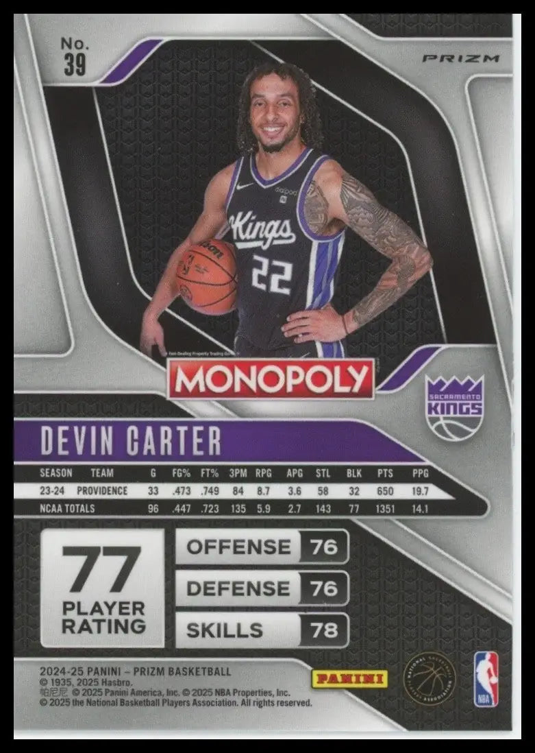 2024-25 Panini Prizm Monopoly Silver Devin Carter Rookie #39 Sacramento Kings - Basketball Card Single