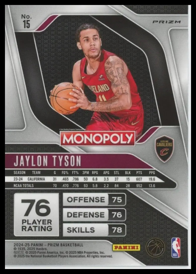 2024-25 Panini Prizm Monopoly Silver Jaylon Tyson Rookie #15 Cleveland Cavaliers - Basketball Card Single