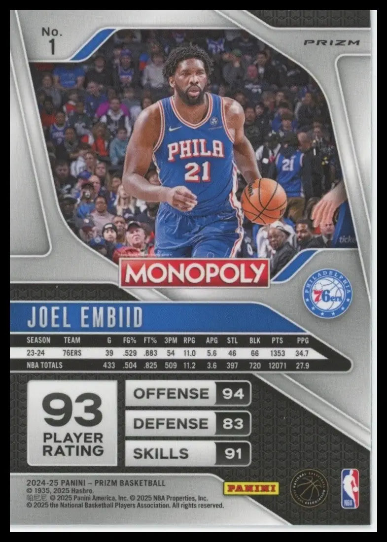 2024-25 Panini Prizm Monopoly Silver Joel Embiid #1 Philadelphia 76ers Card NBA - Basketball Card Single