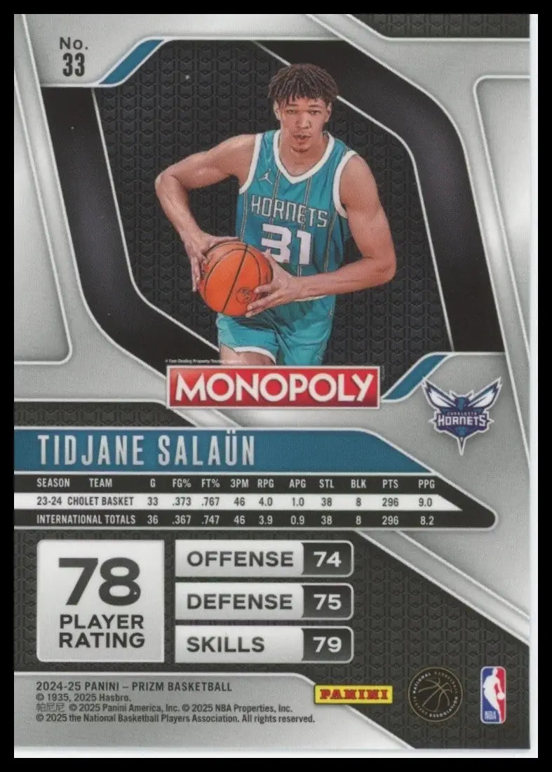 2024-25 Panini Prizm Monopoly Tidjane Salaun Rookie #33 Charlotte Hornets Card