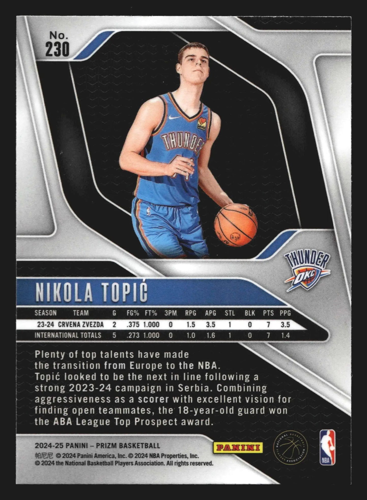2024-25 Panini Prizm Nikola Topic #230 Oklahoma City Thunder RC - Basketball Card Single