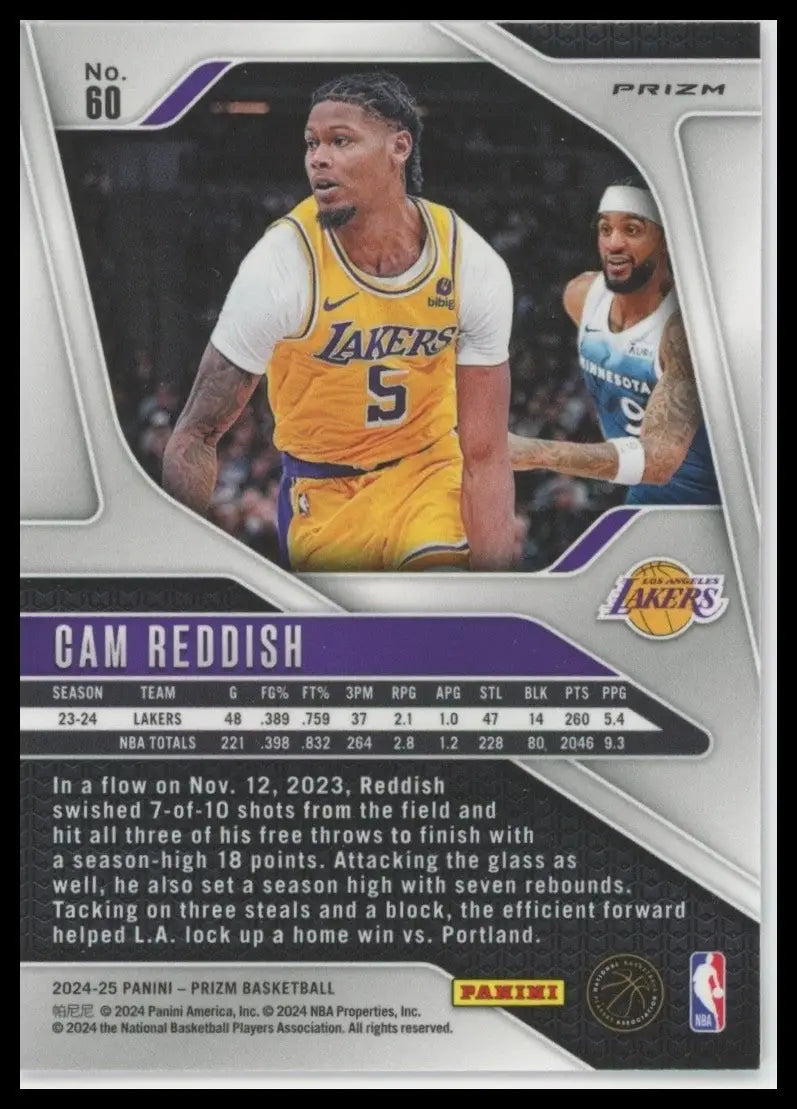 2024-25 Panini Prizm Pink Ice Cam Reddish #60 Los Angeles Lakers Basketball Card - Basketball Card Single