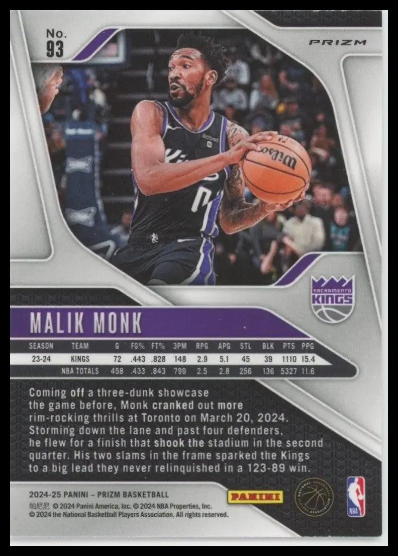 2024-25 Panini Prizm Pink Ice Malik Monk #93 Sacramento Kings Basketball Card - Basketball Card Single