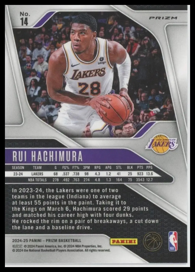 2024-25 Panini Prizm Pink Ice Rui Hachimura #14 Los Angeles Lakers Basketball - Basketball Card Single