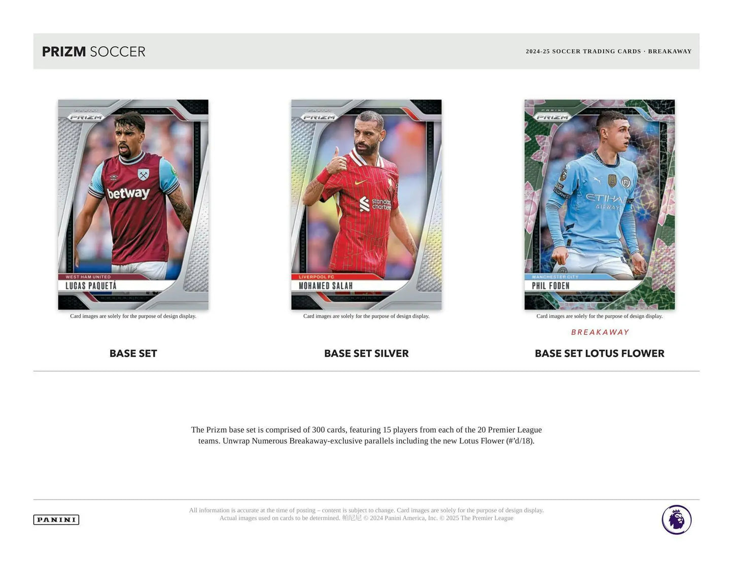 Three soccer trading cards from 2024-25 Panini Prizm Premier League Breakaway Box featuring breakaway prizms