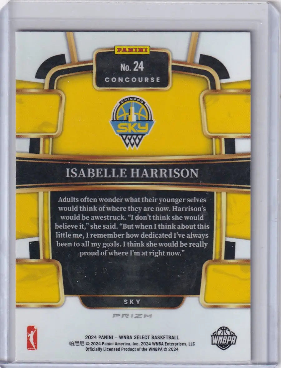 Back of a yellow and black Panini Prizm Purple basketball trading card featuring Isabelle Harrison