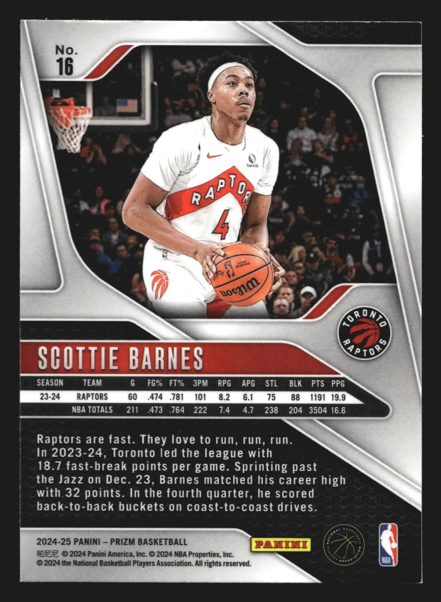 2024-25 Panini Prizm Scottie Barnes #16 Toronto Raptors
