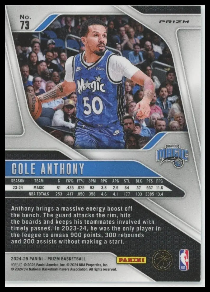 2024-25 Panini Prizm Silver Cole Anthony #73 Orlando Magic Basketball Card NBA - Basketball Card Single
