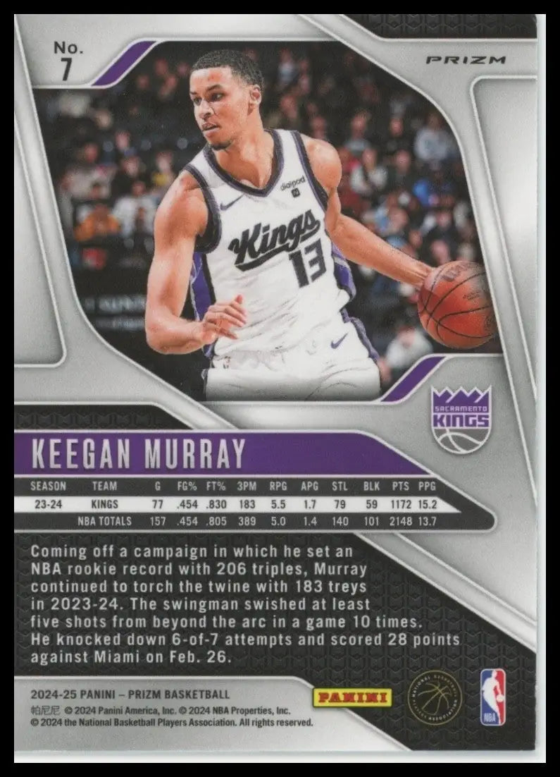 2024-25 Panini Prizm Silver Keegan Murray #7 Sacramento Kings Basketball Card