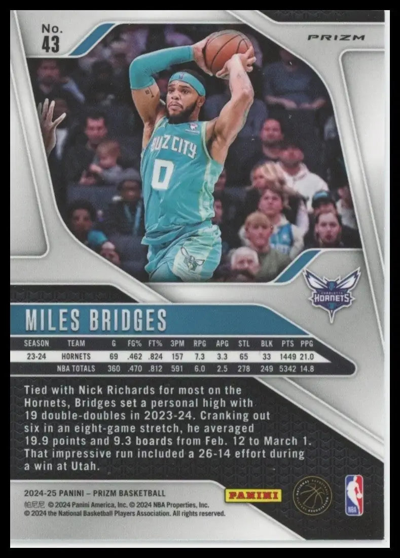 2024-25 Panini Prizm Silver Miles Bridges #43 Charlotte Hornets Basketball Card