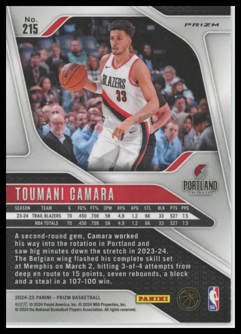2024-25 Panini Prizm Silver Toumani Camara #215 Portland Trail Blazers Card NBA - Basketball Card Single