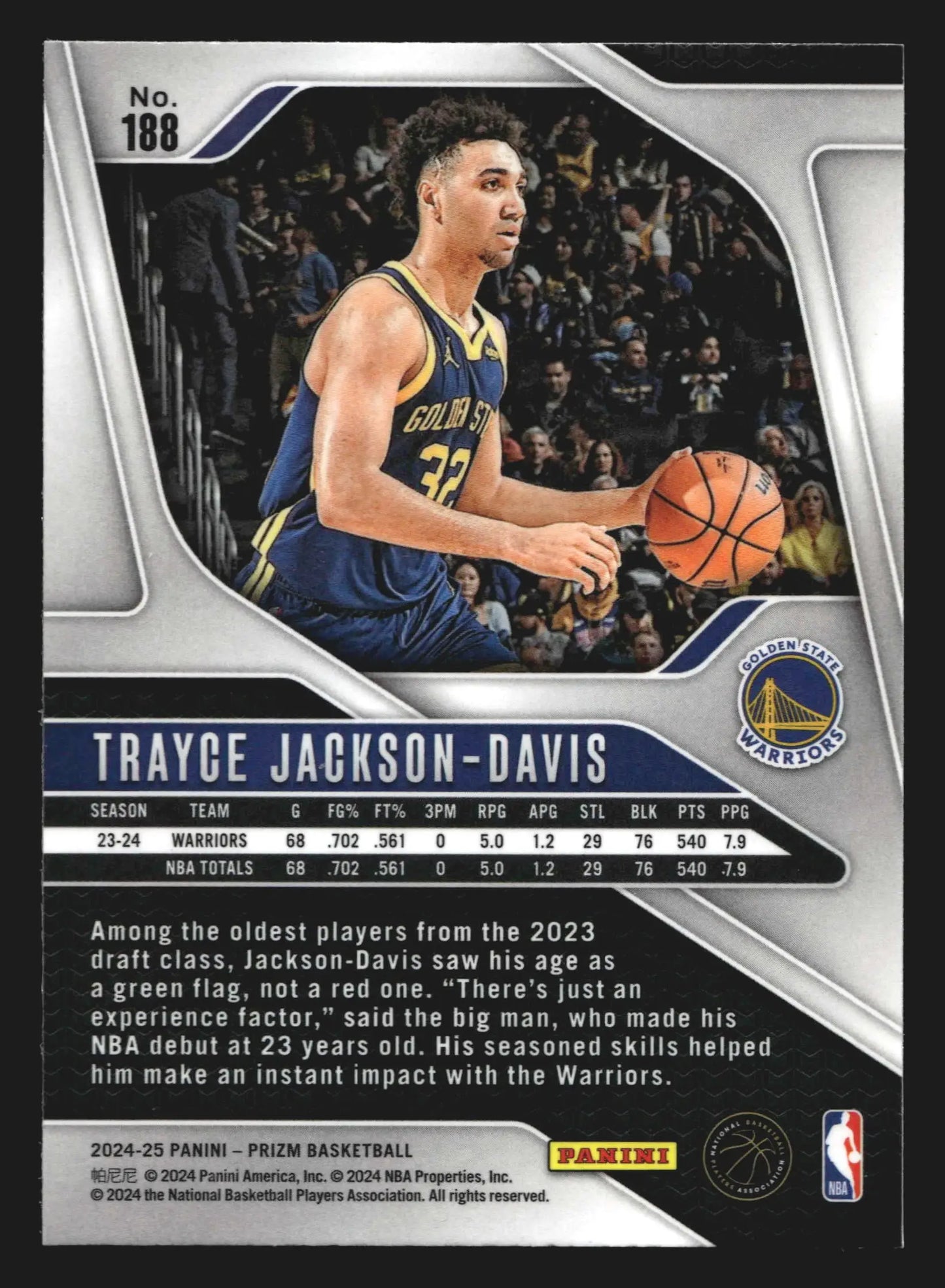 2024-25 Panini Prizm Trayce Jackson-Davis #188 Golden State Warriors - Basketball Card Single