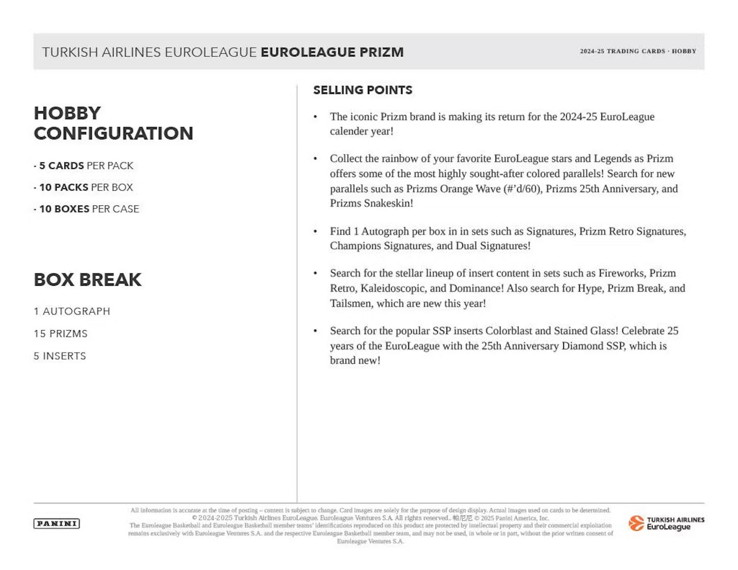 2024-25 Panini Prizm Turkish Airlines EuroLeague Basketball Hobby Box