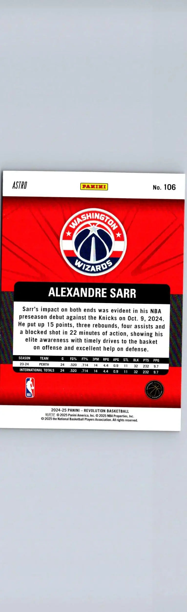 Red and white basketball trading card of Alexandre Sarr from 2024-25 Panini Revolution Sarr Astro