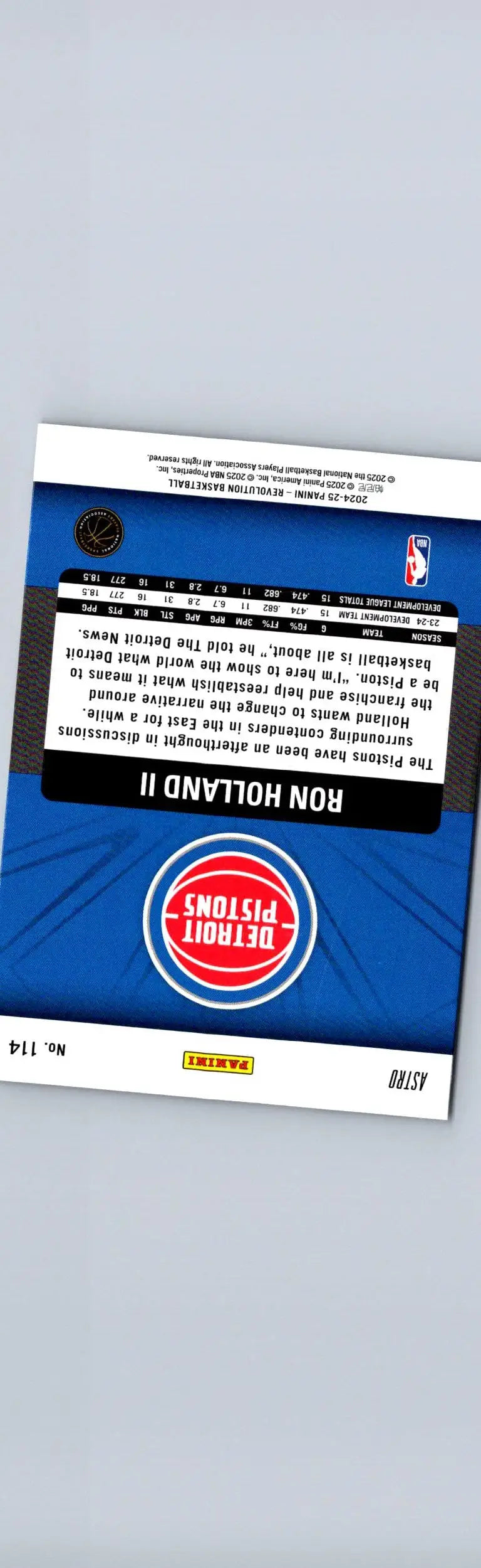 Collectible Ron Holland II Astro sports card from Panini Revolution featuring Detroit Pistons