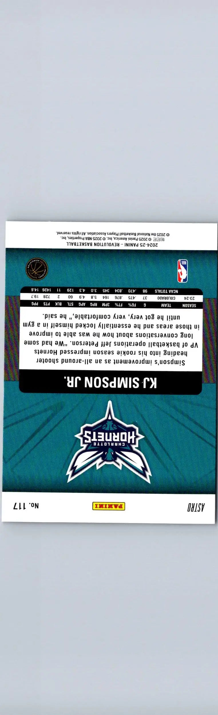 Back of a basketball trading card for KJ Simpson Jr. of the Hornets from Panini Revolution 2024-25