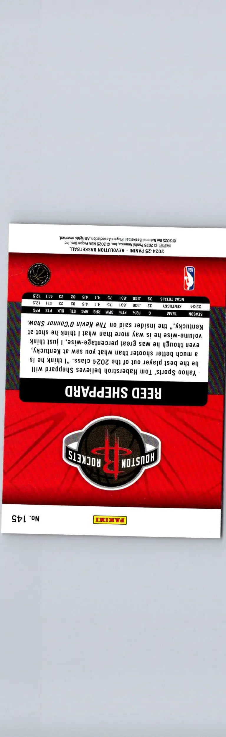 Houston Rockets Reed Sheppard trading card 145b Panini Revolution 2024-25