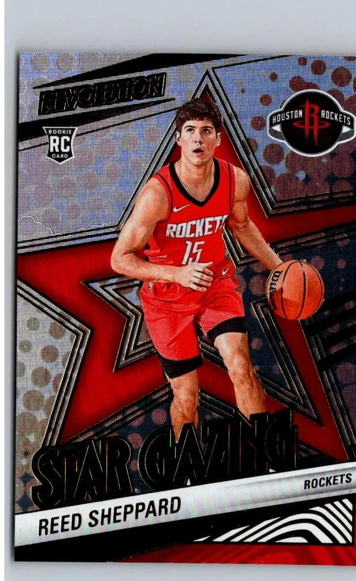 Basketball trading card of Reed Sheppard Star Gazing in red Rockets uniform