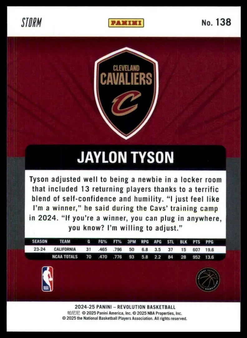 2024-25 Panini Revolution Blue Storm Jaylon Tyson Rookie #138 Cleveland Cavalier