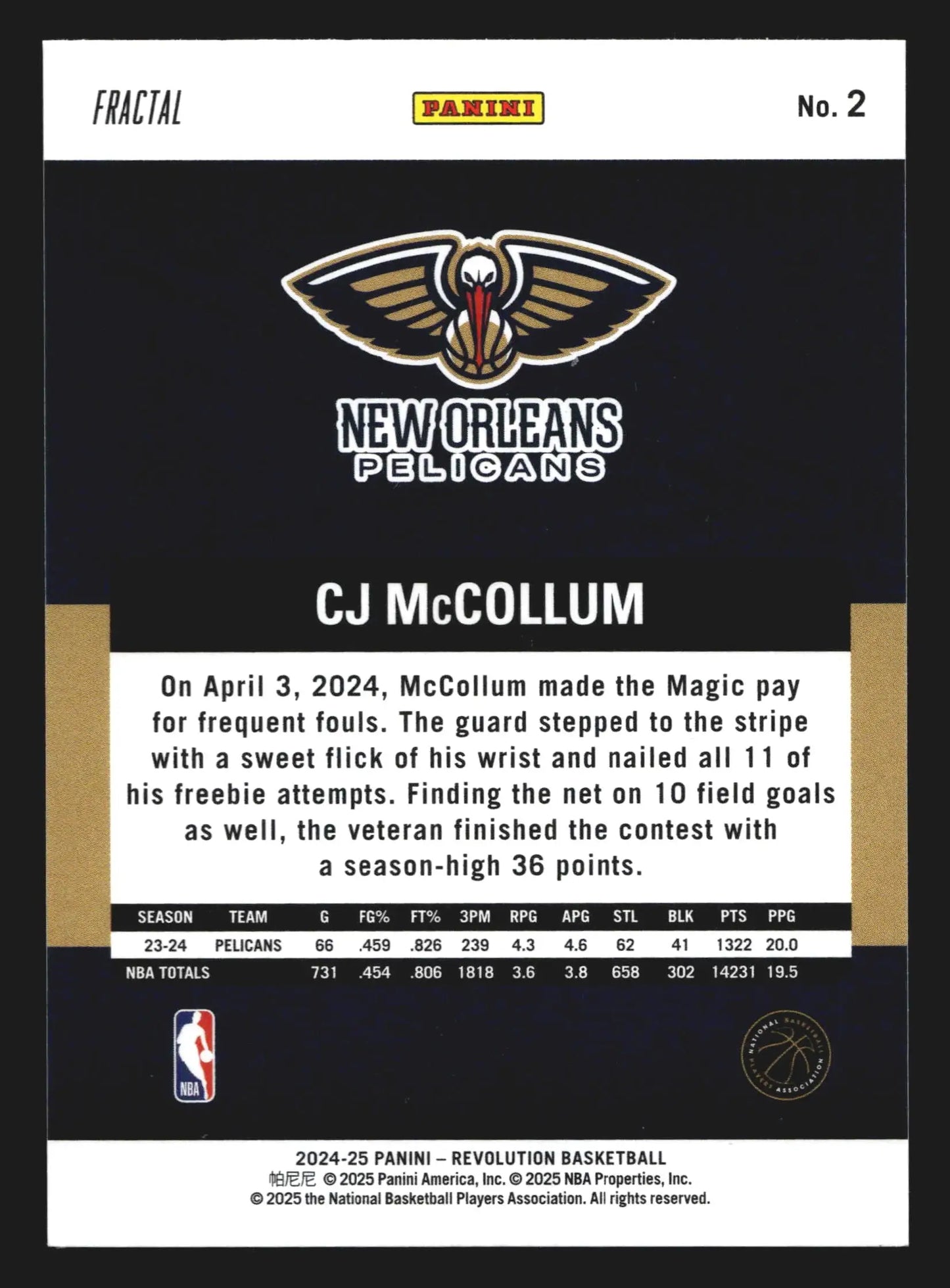 2024-25 Panini Revolution CJ McCollum #2 Fractal New Orleans Pelicans