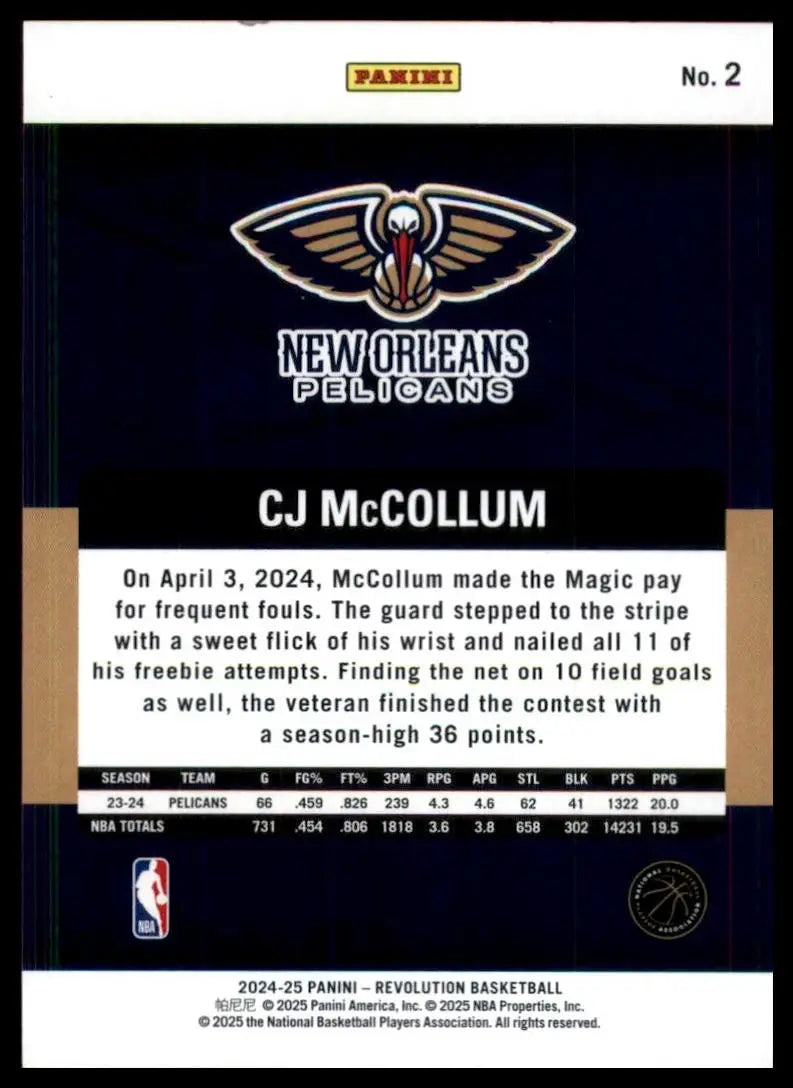 2024-25 Panini Revolution CJ McCollum #2 New Orleans Pelicans Basketball Card - Basketball Card Single