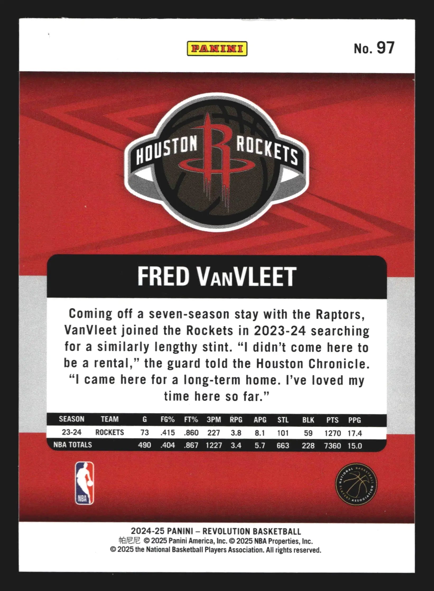 2024-25 Panini Revolution Fred VanVleet #97 Houston Rockets - Basketball Card Single