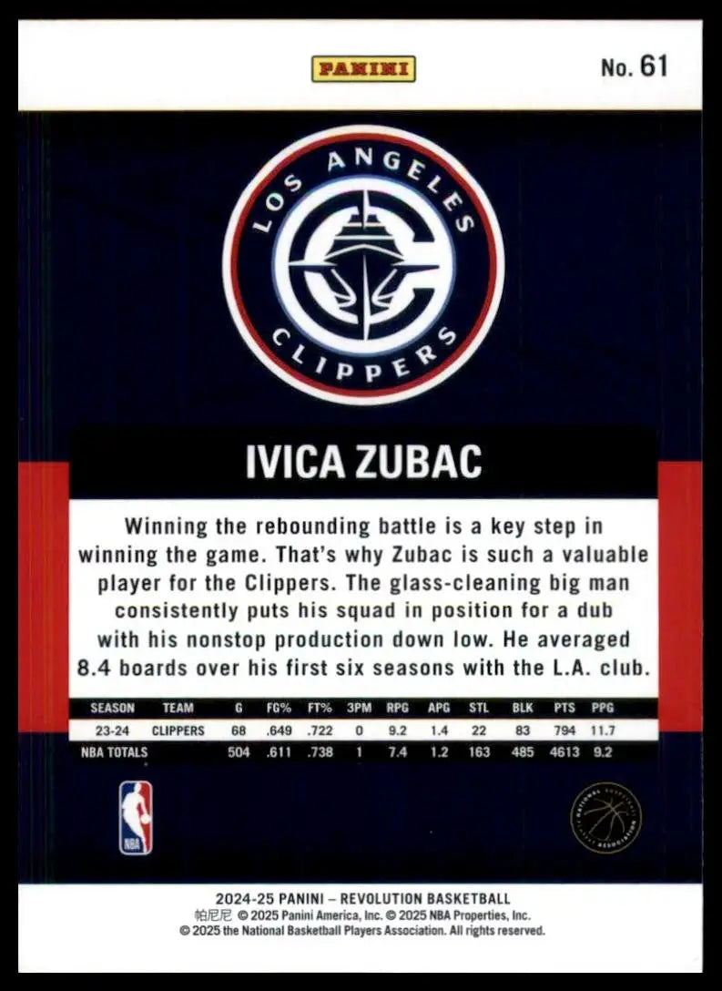 2024-25 Panini Revolution Ivica Zubac #61 Los Angeles Clippers Basketball Card - Basketball Card Single
