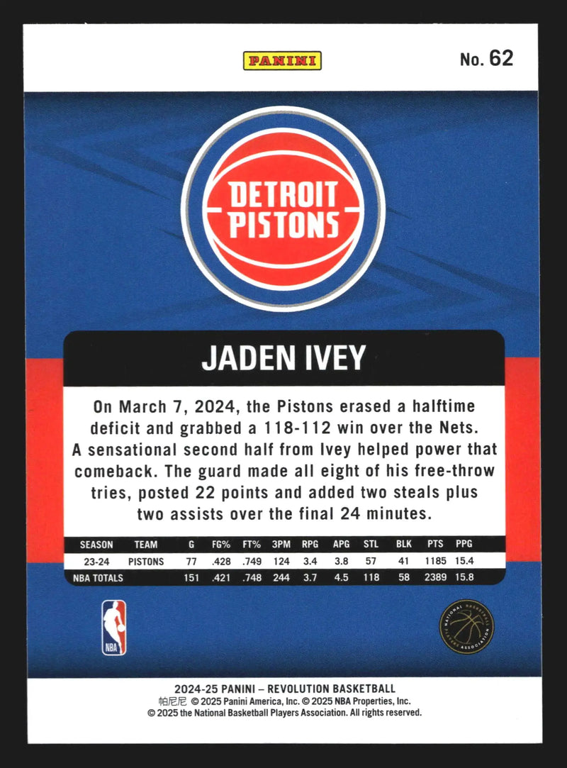 2024-25 Panini Revolution Jaden Ivey #62 Detroit Pistons