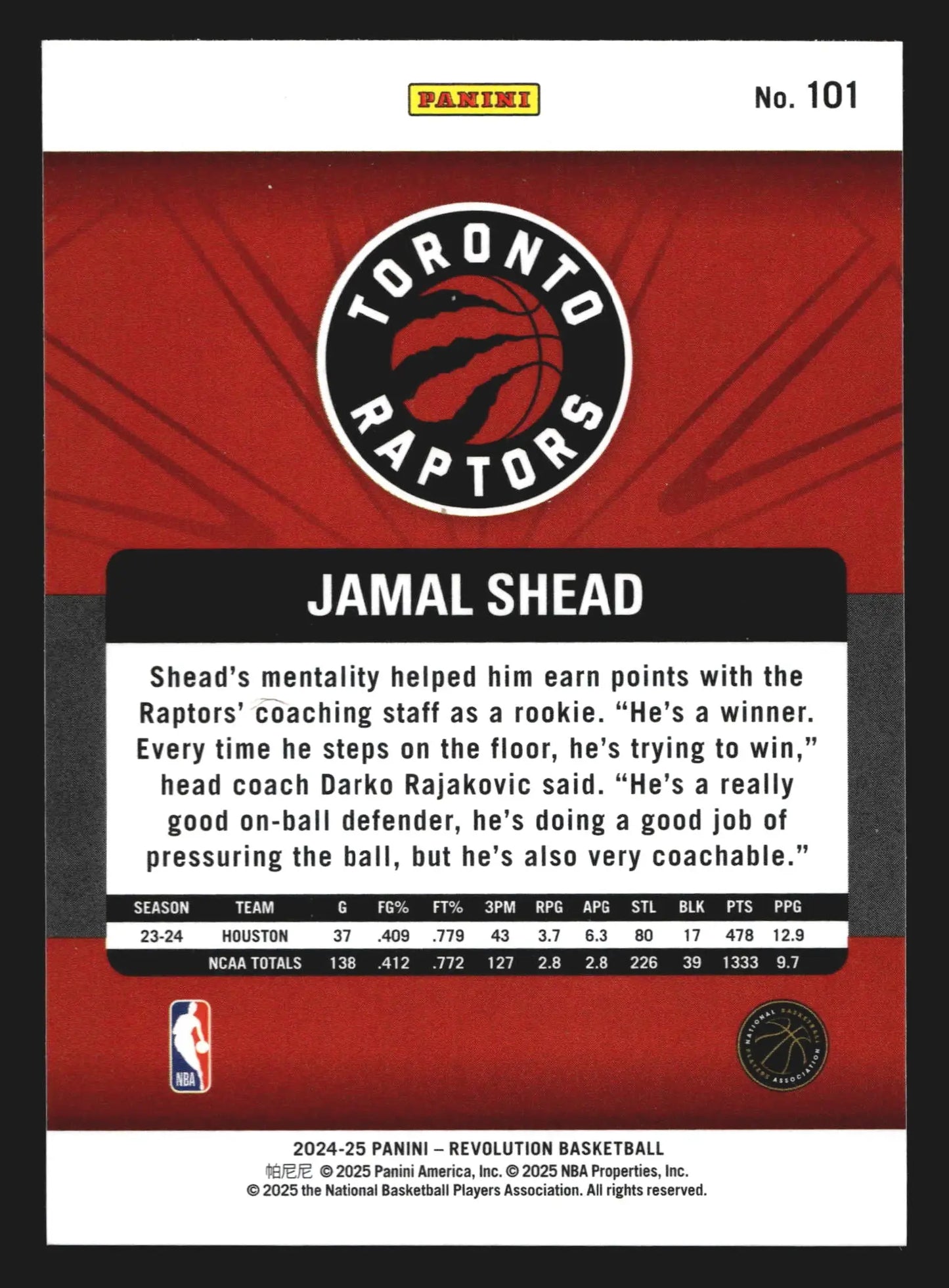 2024-25 Panini Revolution Jamal Shead #101 RC Toronto Raptors Rookie - Basketball Card Single