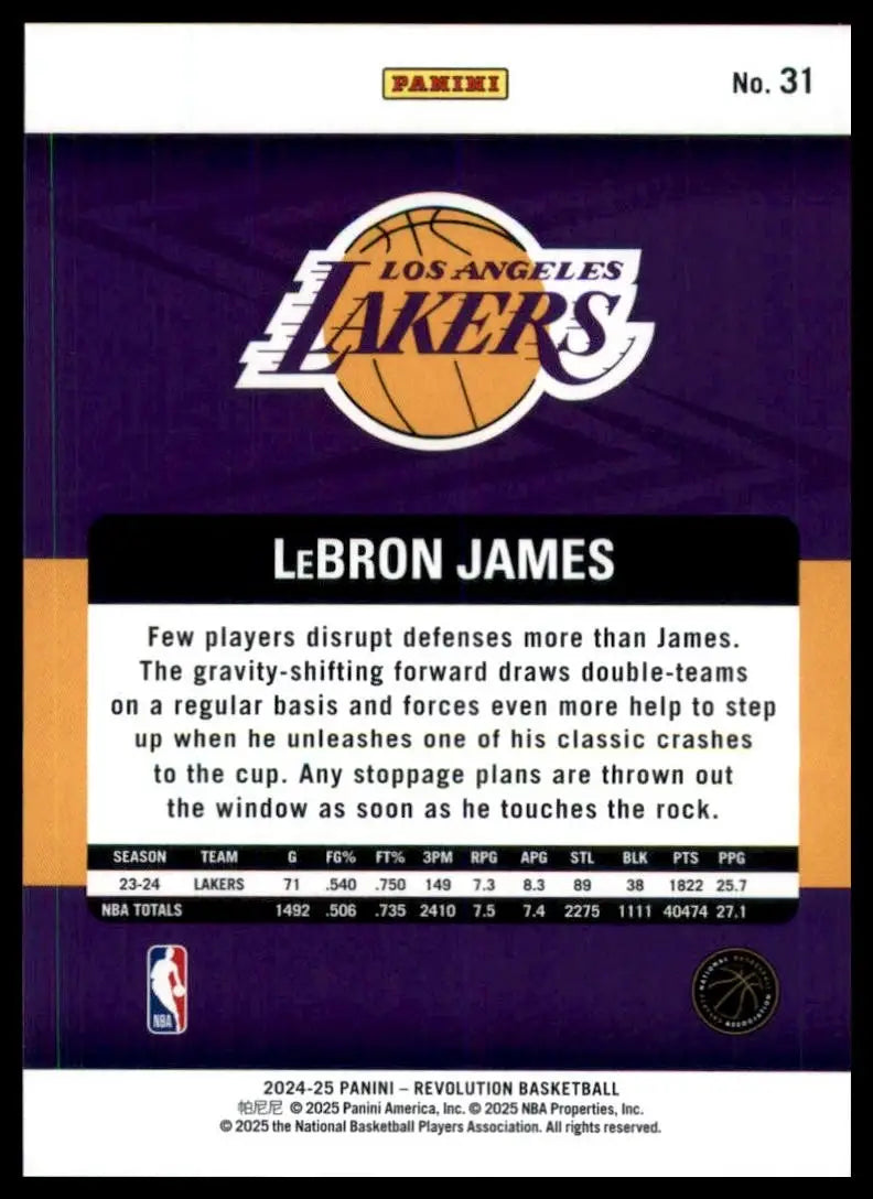 2024-25 Panini Revolution LeBron James #31 Los Angeles Lakers Basketball Card - Basketball Card Single