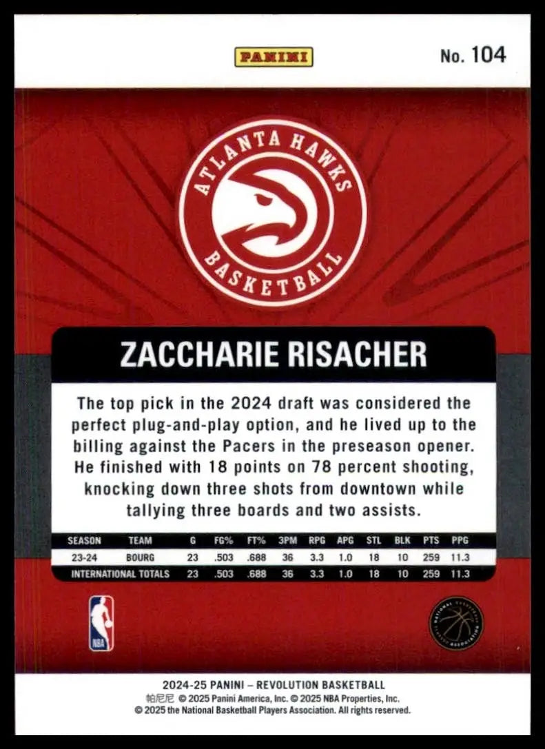 2024-25 Panini Revolution Zaccharie Risacher Rookie #104 Atlanta Hawks Card NBA