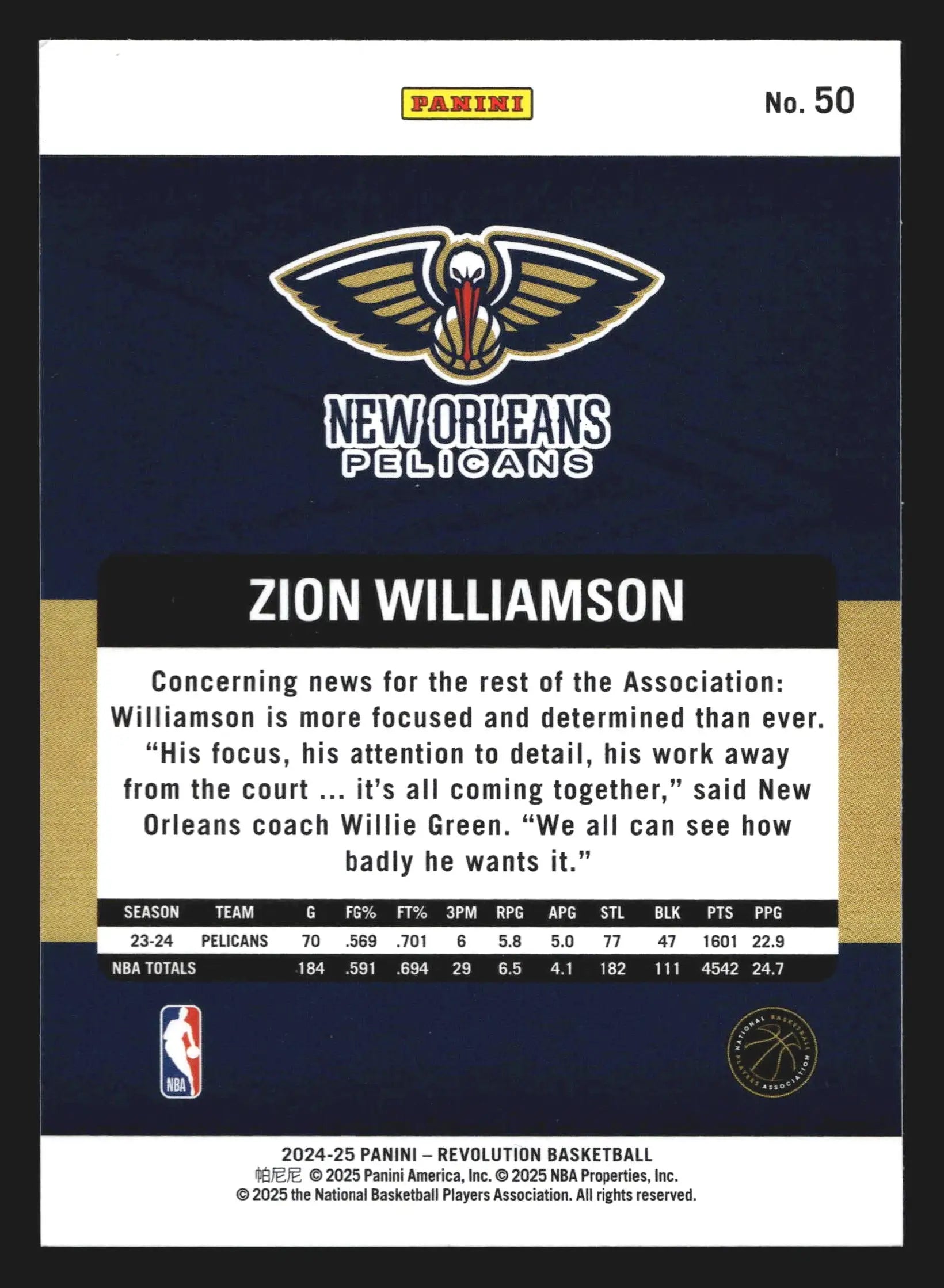 2024-25 Panini Revolution Zion Williamson #50 New Orleans Pelicans