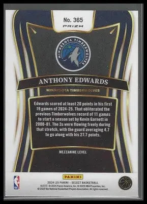2024-25 Panini Select #365 Anthony Edwards Blue Prizm Minnesota Timberwolves - Basketball Card Single