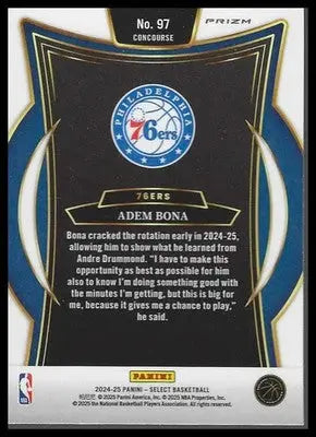 2024-25 Panini Select #97 Adem Bona Silver Prizm Philadelphia 76ers Rookie - Basketball Card Single