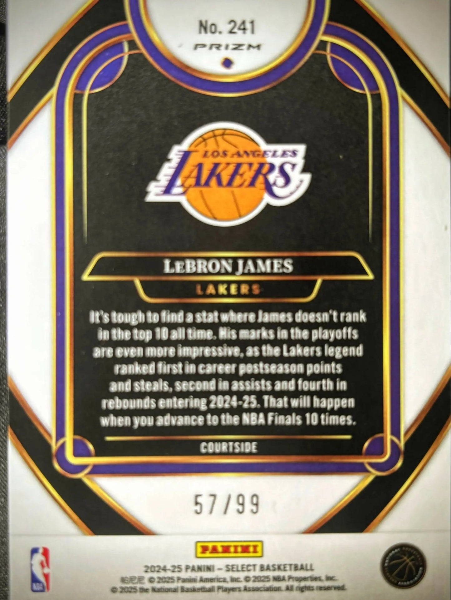 2024 PANINI SELECT SSP COURTSIDE PURPLE CRACKED ICE /99 COLOR MATCH LEBRON JAMES