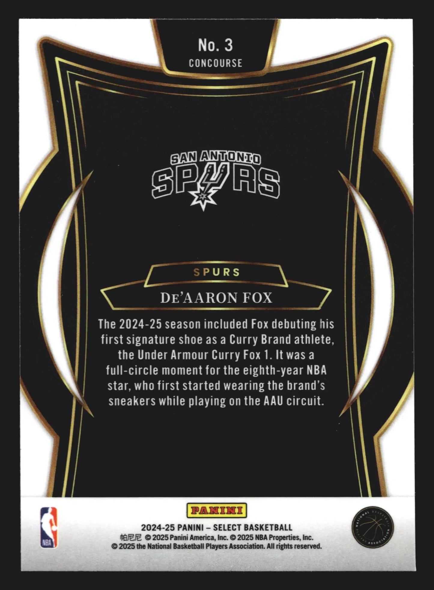 2024-25 Panini Select De’Aaron Fox #3 Concourse San Antonio Spurs - Basketball Card Single