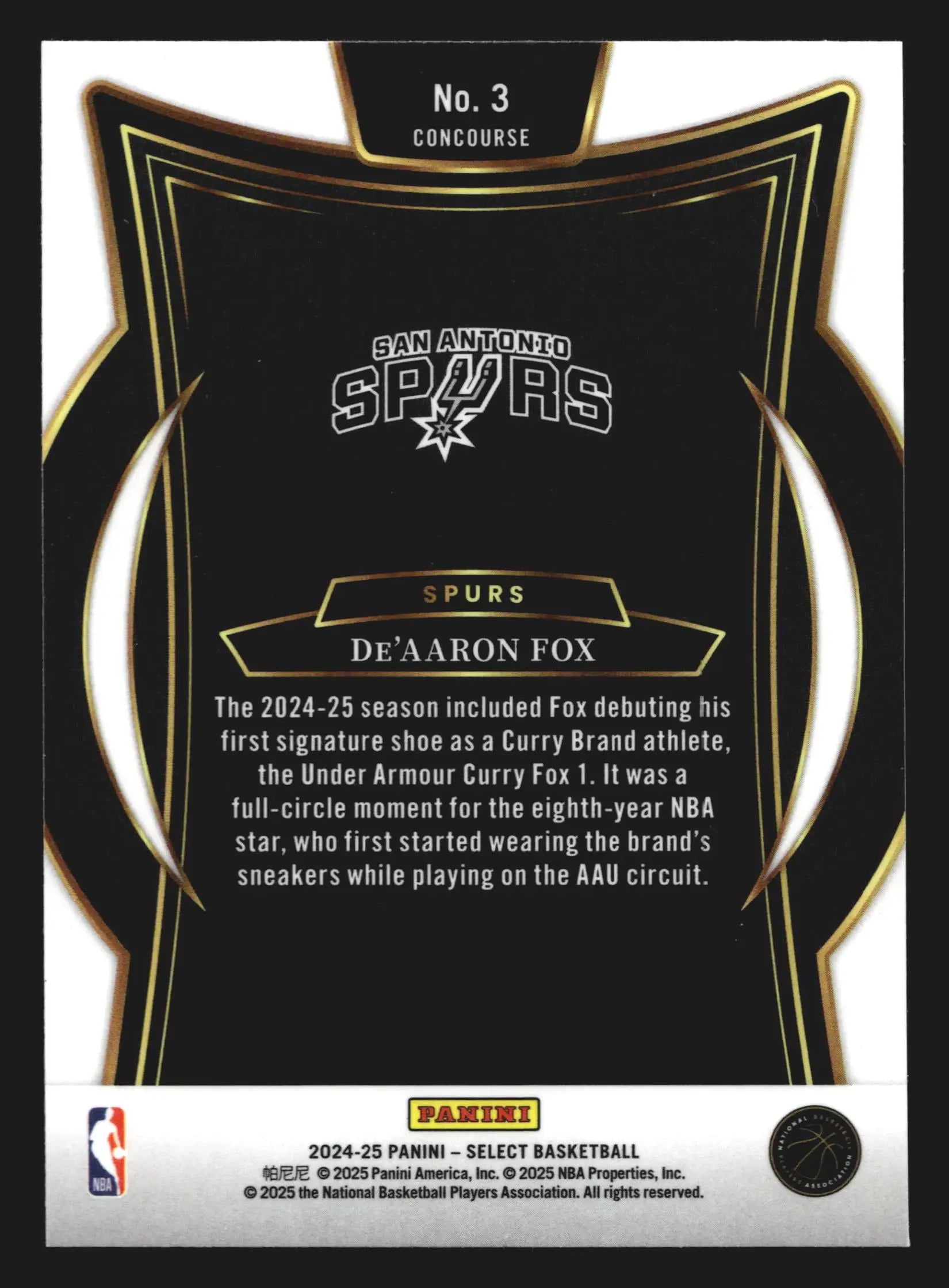 2024-25 Panini Select De’Aaron Fox #3 Concourse San Antonio Spurs - Basketball Card Single
