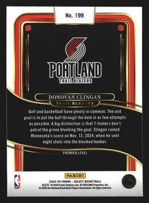 2024-25 Panini Select Donovan Clingan #199 Premier Level RC Trail Blazers - Basketball Card Single