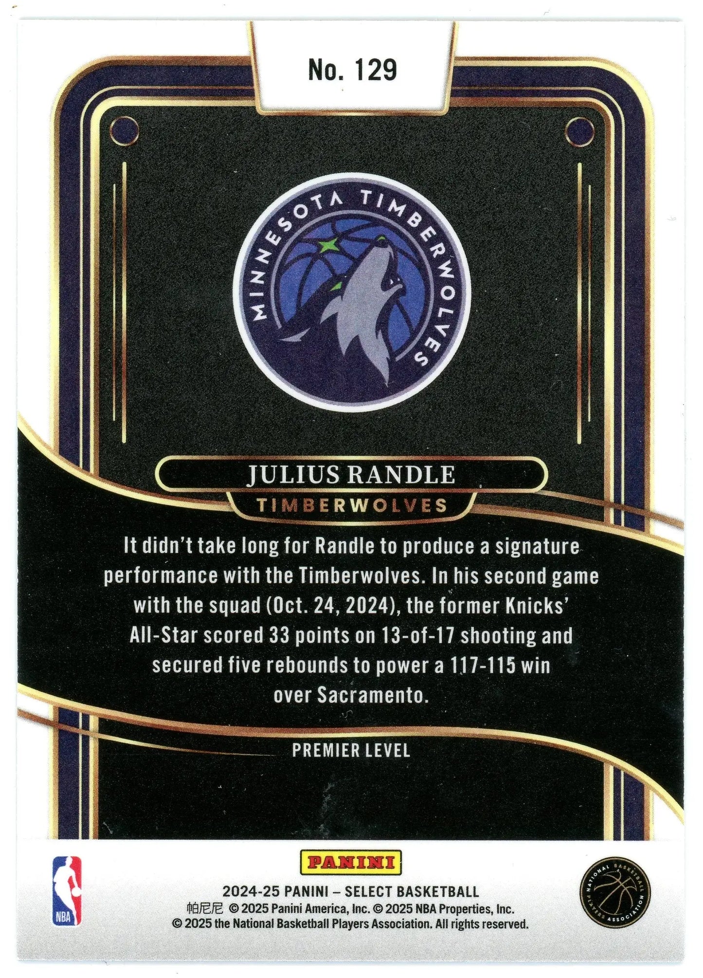 2024-25 Panini Select Julius Randle #129 Premier Level Timberwolves - Basketball Card Single