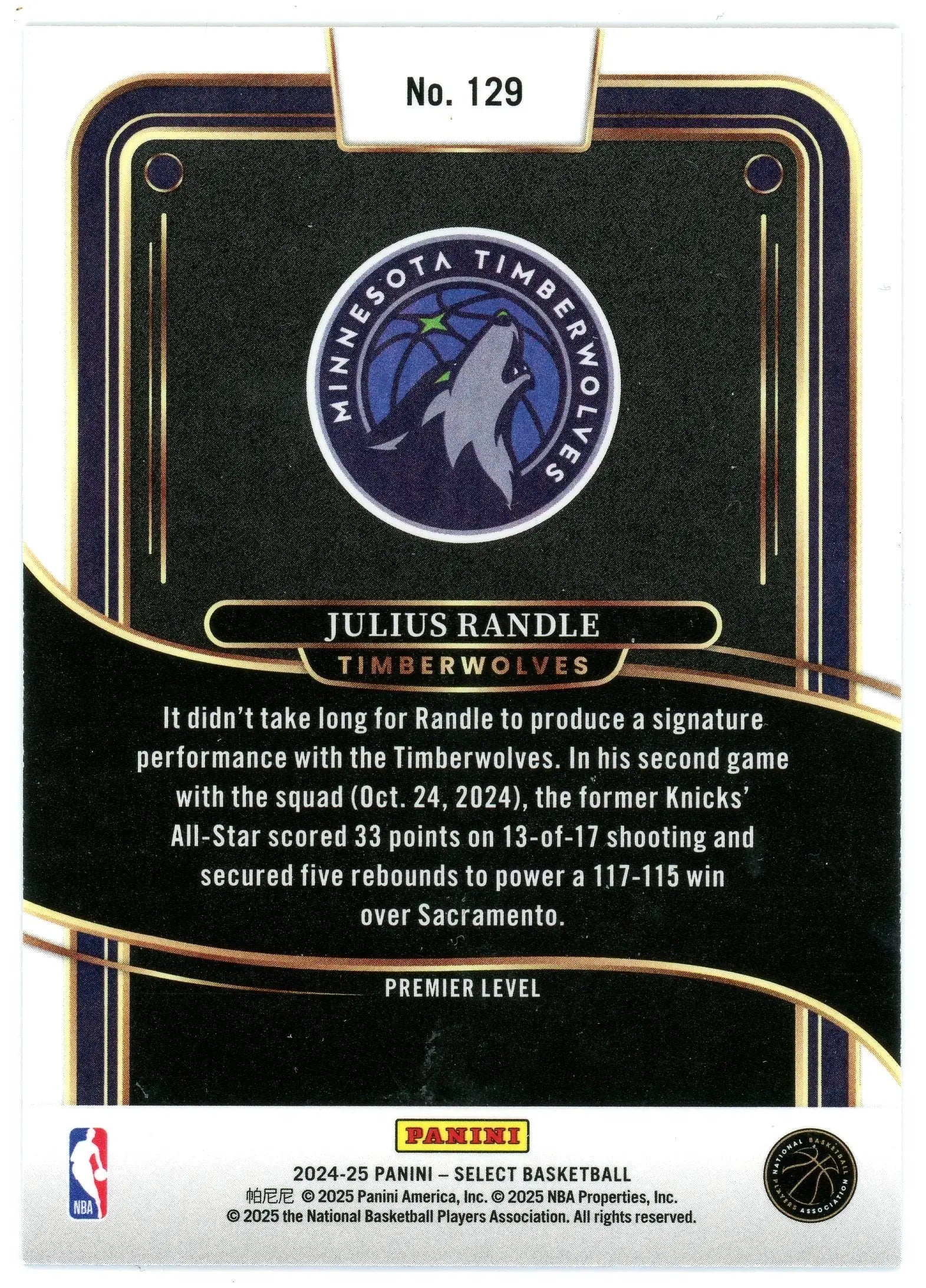 2024-25 Panini Select Julius Randle #129 Premier Level Timberwolves - Basketball Card Single