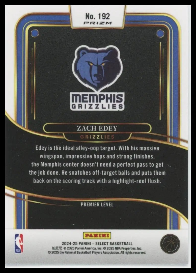 2024-25 Panini Select - Premier Level Zach Edey #192 Blue Prizm (RC)