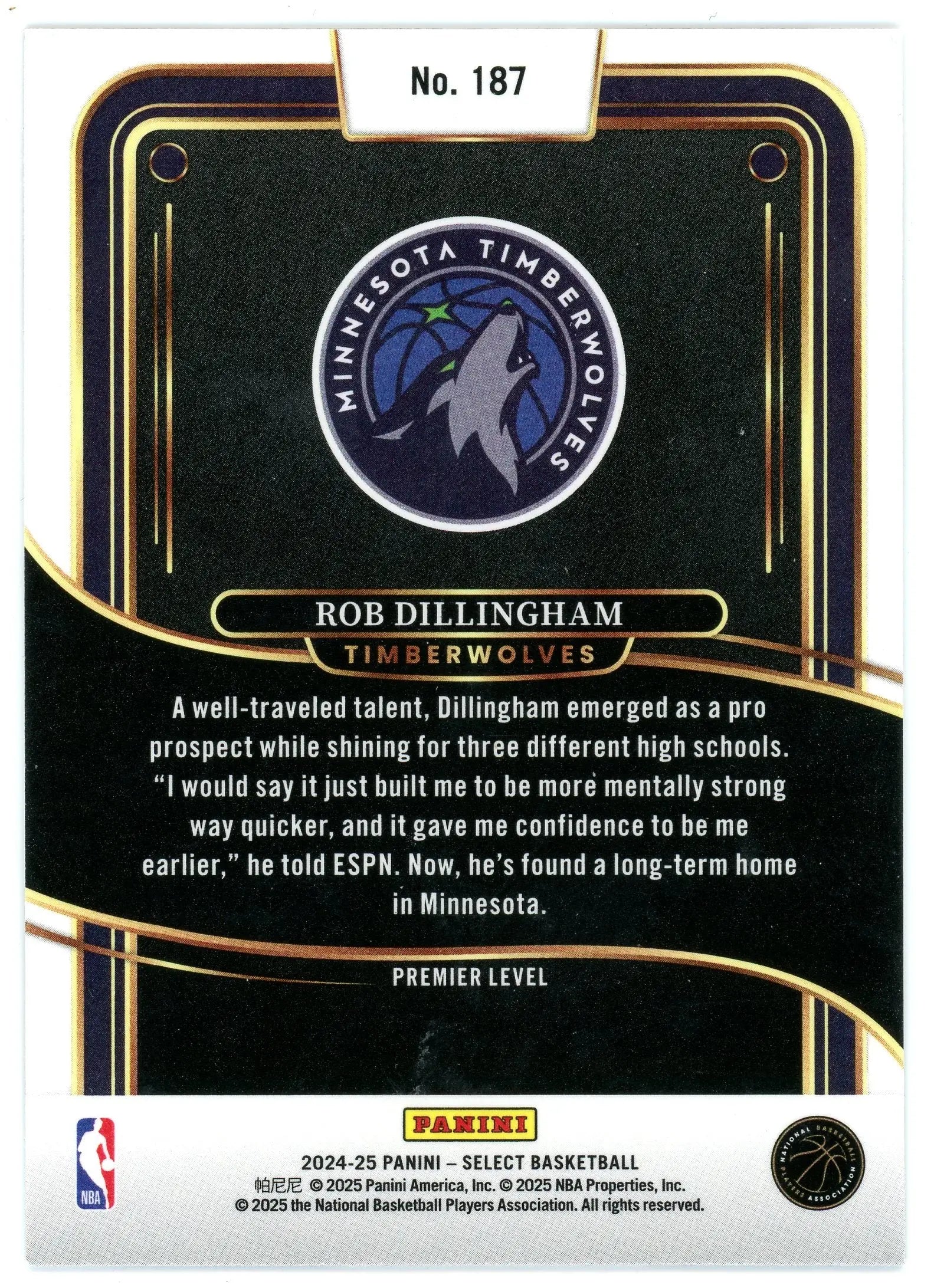 2024-25 Panini Select Rob Dillingham #187 Premier Level RC Timberwolves - Basketball Card Single