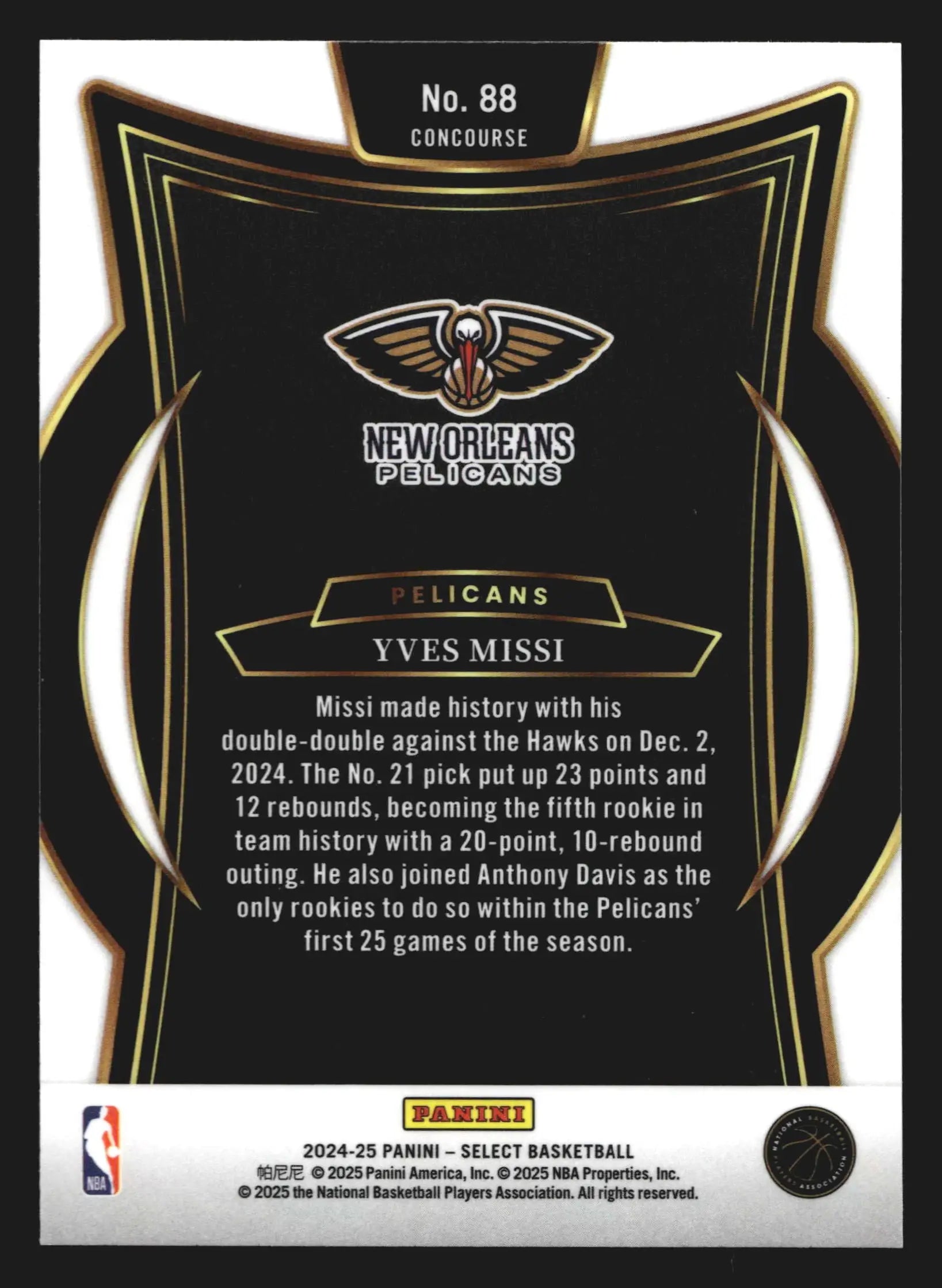 2024-25 Panini Select Yves Missi #88 Concourse RC New Orleans Pelicans