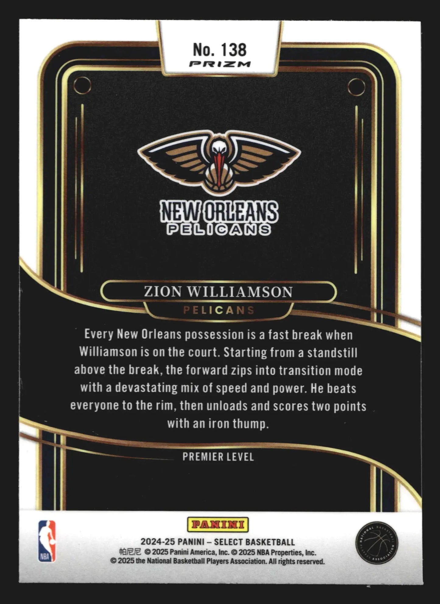2024-25 Panini Select Zion Williamson #138 Premier Level Silver Prizm