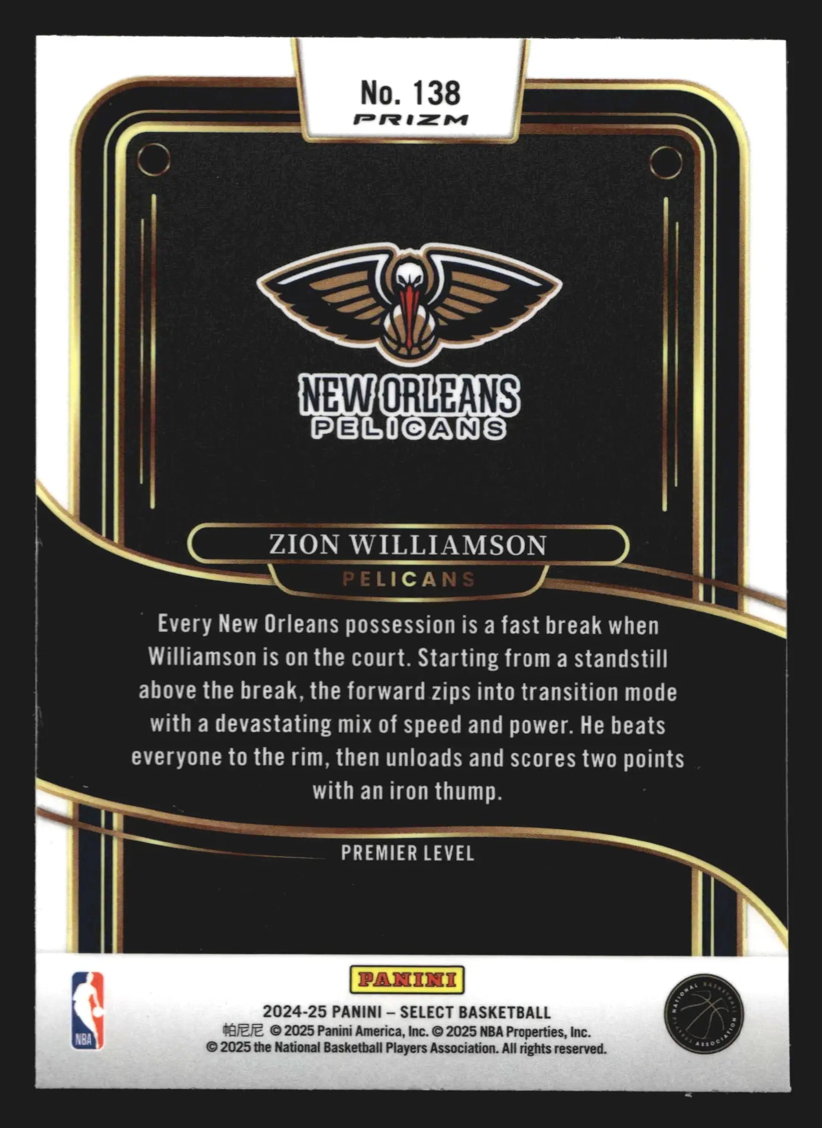2024-25 Panini Select Zion Williamson #138 Premier Level Silver Prizm