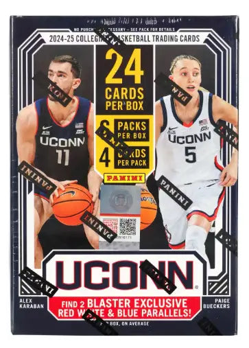 Sealed box of 2024-25 UConn collegiate basketball trading cards in Panini blaster box