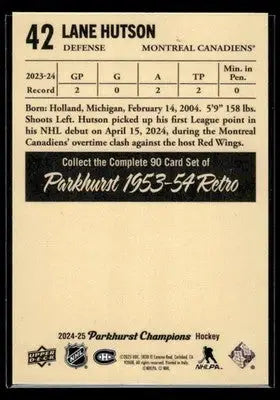 2024-25 Parkhurst Champions #42 Lane Hutson 1953-54 Retros - Hockey Card Single