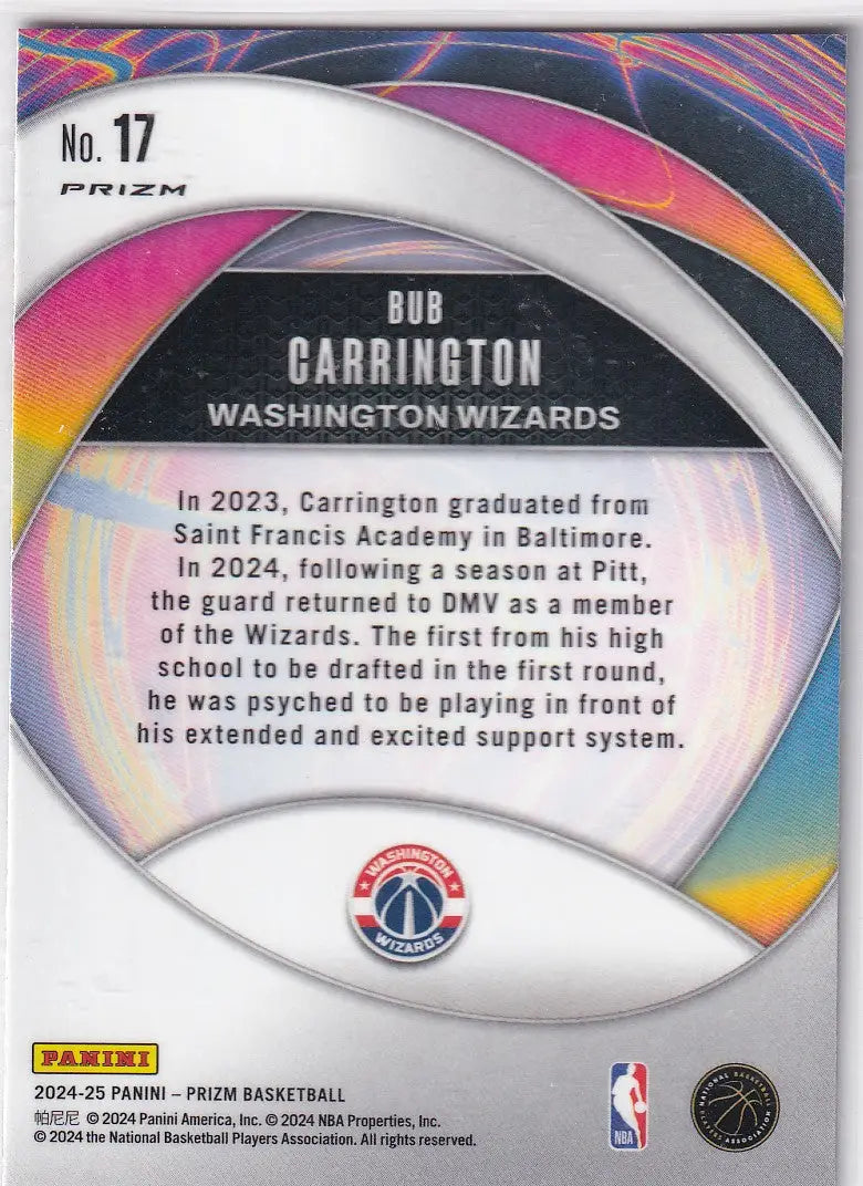 2024-25 PRIZM #17 BUB CARRINGTON INSTANT IMPACT REFRACTOR- WASHINGTON WIZARDS