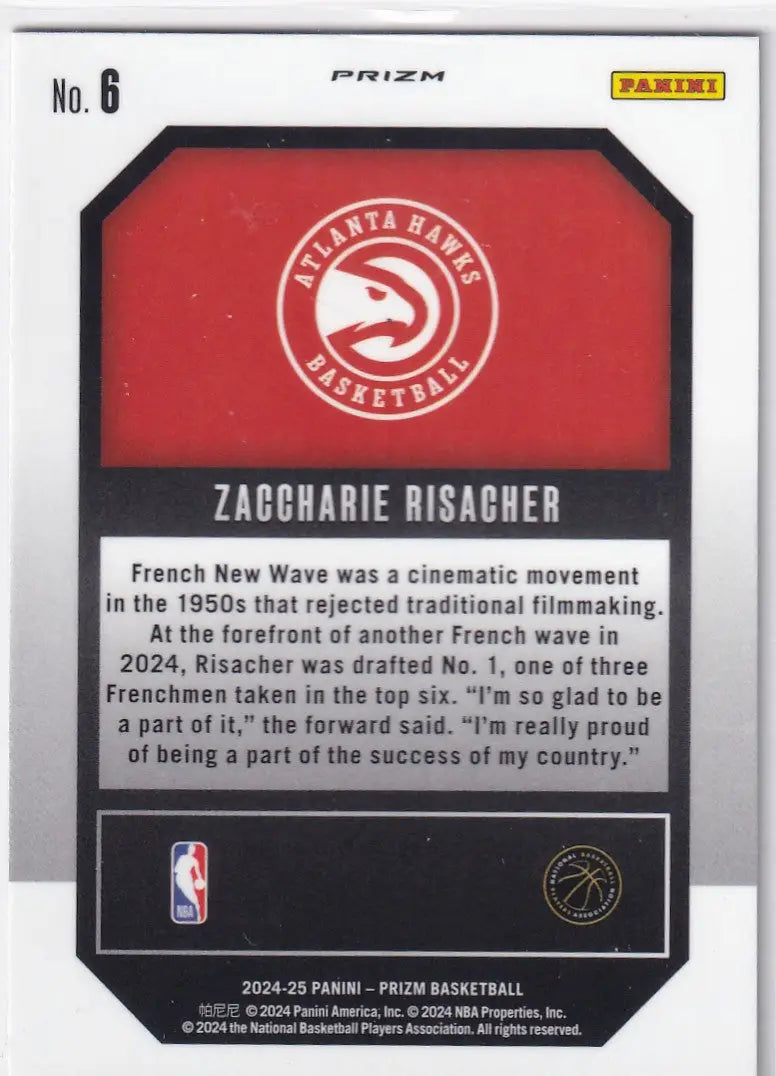 2024-25 PRIZM #6 ZACCHARIE RISACHER EMERGENT REFRACTOR- ATLANTA HAWKS - Basketball Card Single